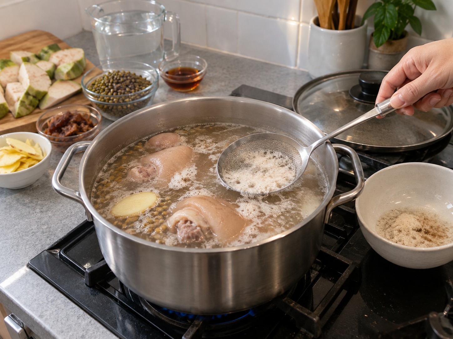 菲律賓木豆豬肉菠蘿蜜湯 — 撇泡後小火煮四十五分鐘