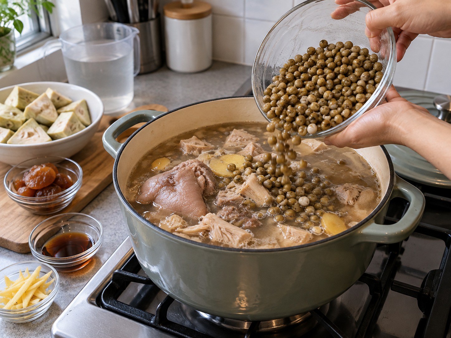 菲律賓木豆豬肉菠蘿蜜湯 — 加入瀝乾木豆,再煮三十分鐘至開始軟化