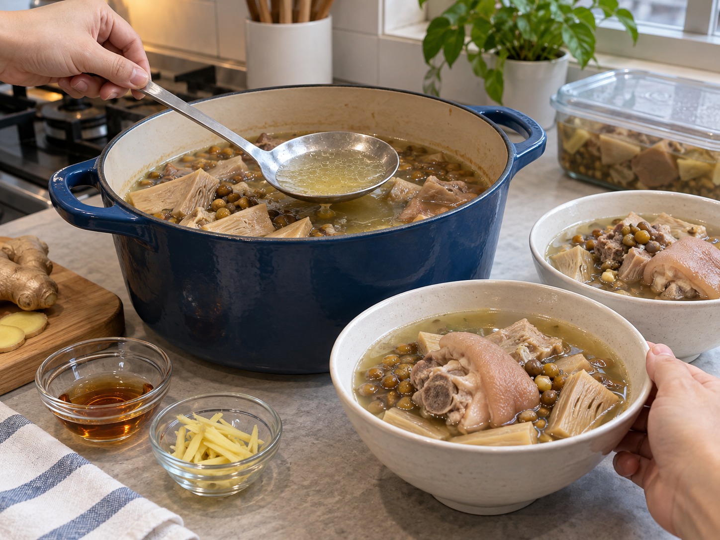 菲律賓木豆豬肉菠蘿蜜湯 — 撇去過多油脂,盛出木豆、豬腳、菠蘿蜜和酸湯