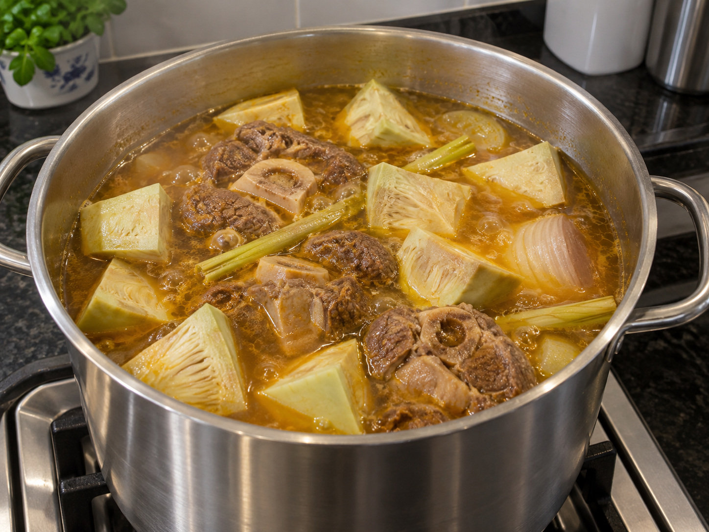 Filipino Kansi Sour Beef Soup — Add jackfruit and simmer until tender
