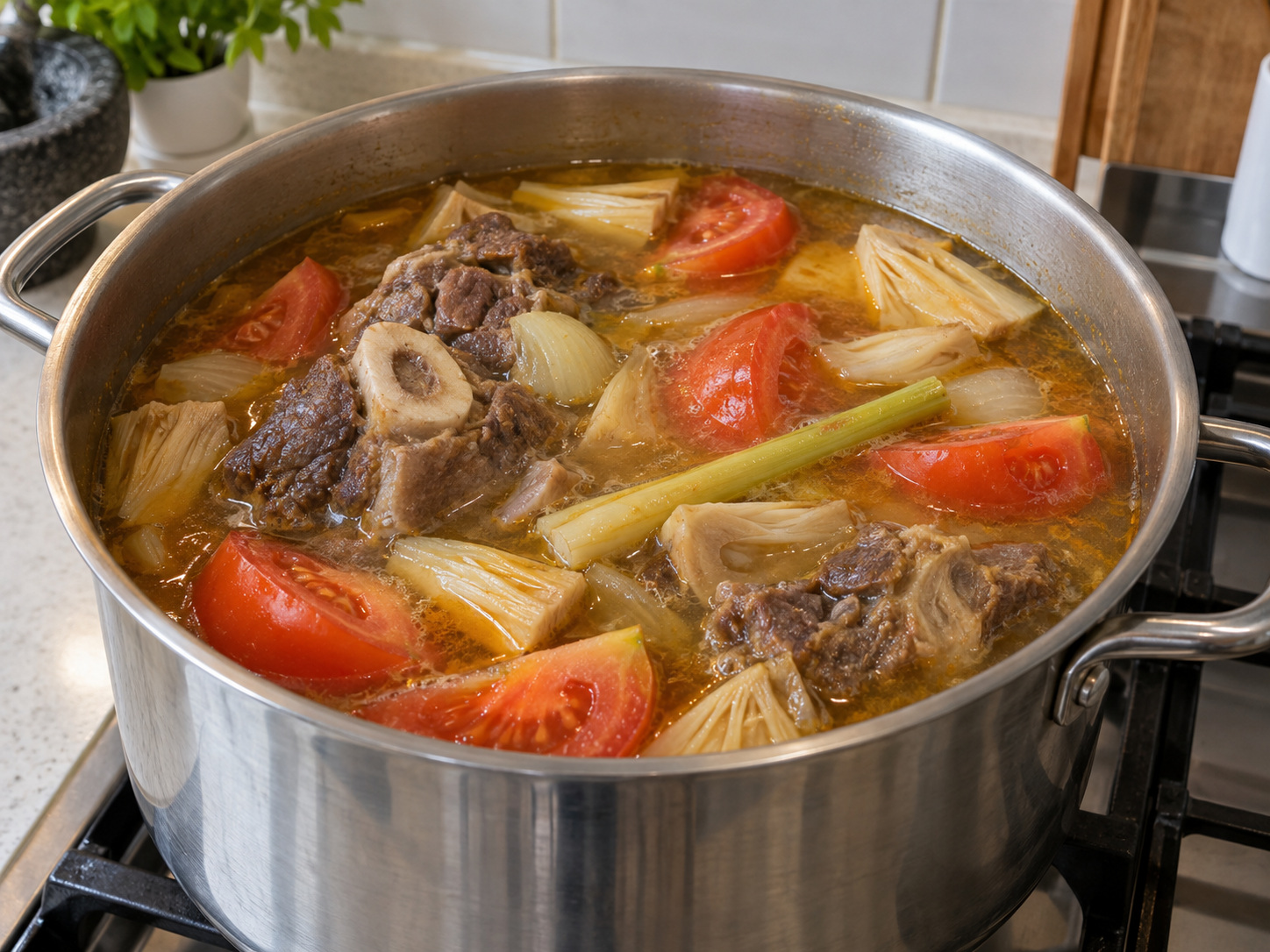 Filipino Kansi Sour Beef Soup — Add tomato wedges and soften
