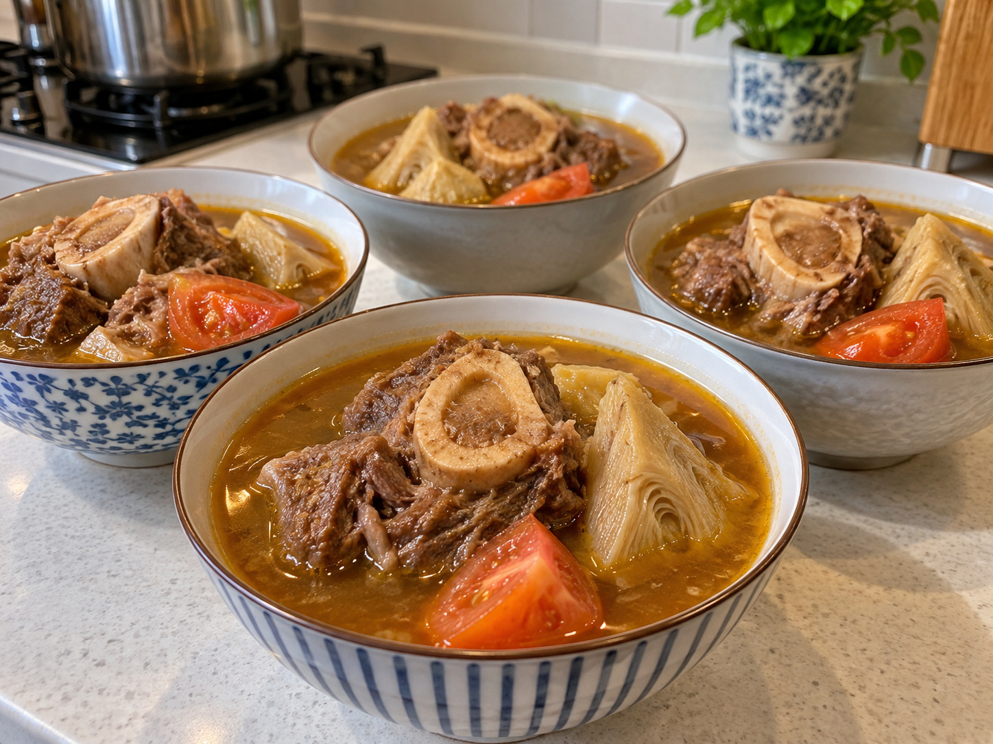 Filipino Kansi Sour Beef Soup — Check beef tenderness and serve the soup hot. Keep the food core at or above 75°C for 30 seconds.