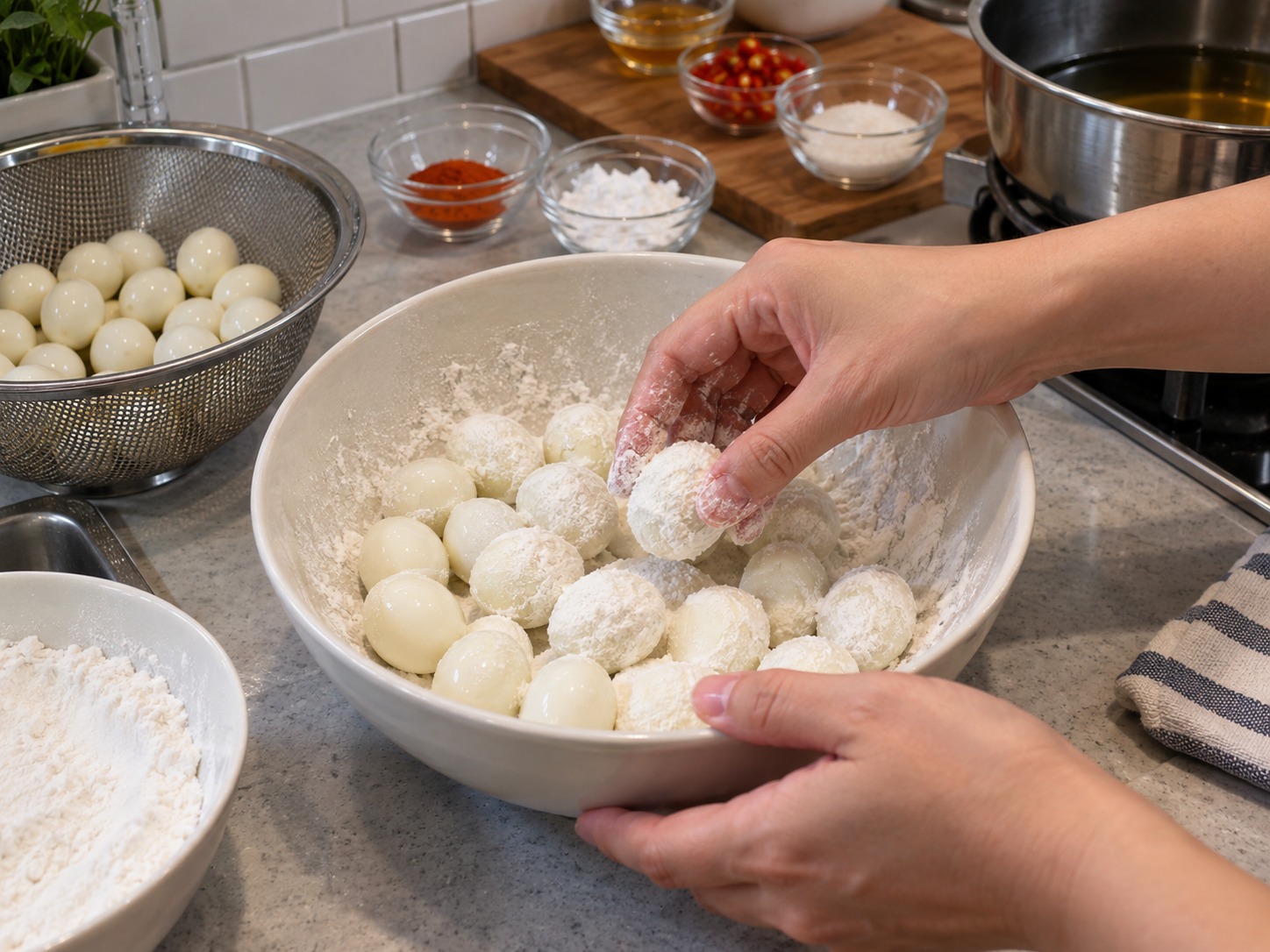 菲律賓橙色炸鵪鶉蛋 Kwek-Kwek — 把蛋抹乾並薄薄沾上麵粉