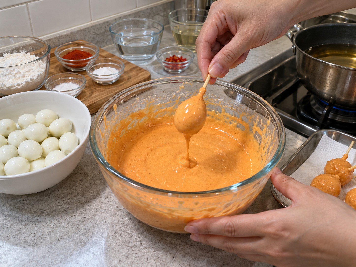 菲律賓橙色炸鵪鶉蛋 Kwek-Kwek — 鵪鶉蛋逐粒裹滿粉漿