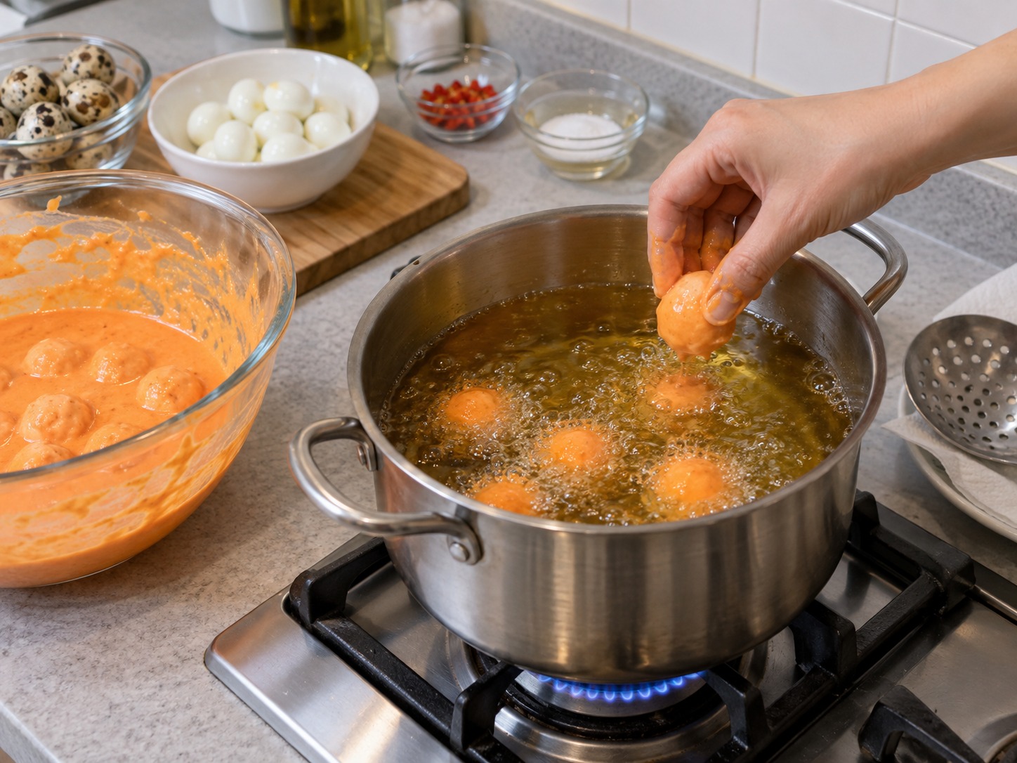 菲律賓橙色炸鵪鶉蛋 Kwek-Kwek — 分批放入熱油
