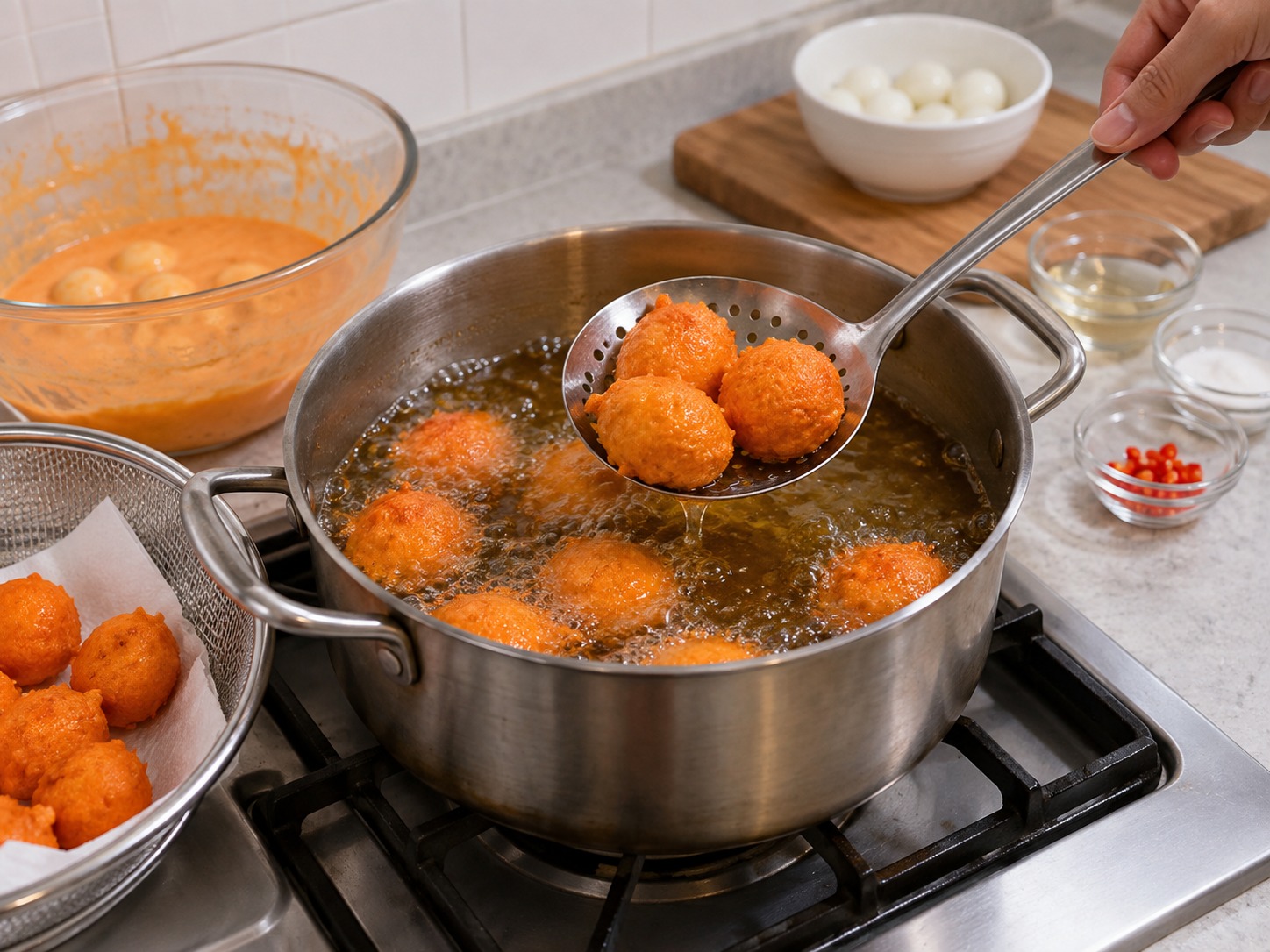 菲律賓橙色炸鵪鶉蛋 Kwek-Kwek — 炸至外層鼓起酥脆