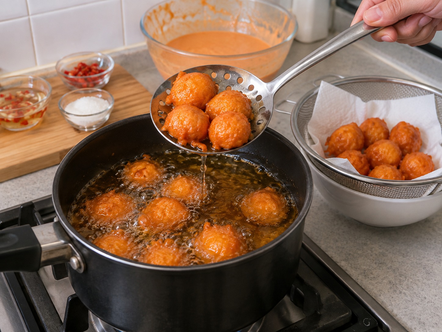 菲律賓橙色炸鵪鶉蛋 Kwek-Kwek — 用漏勺取出瀝油