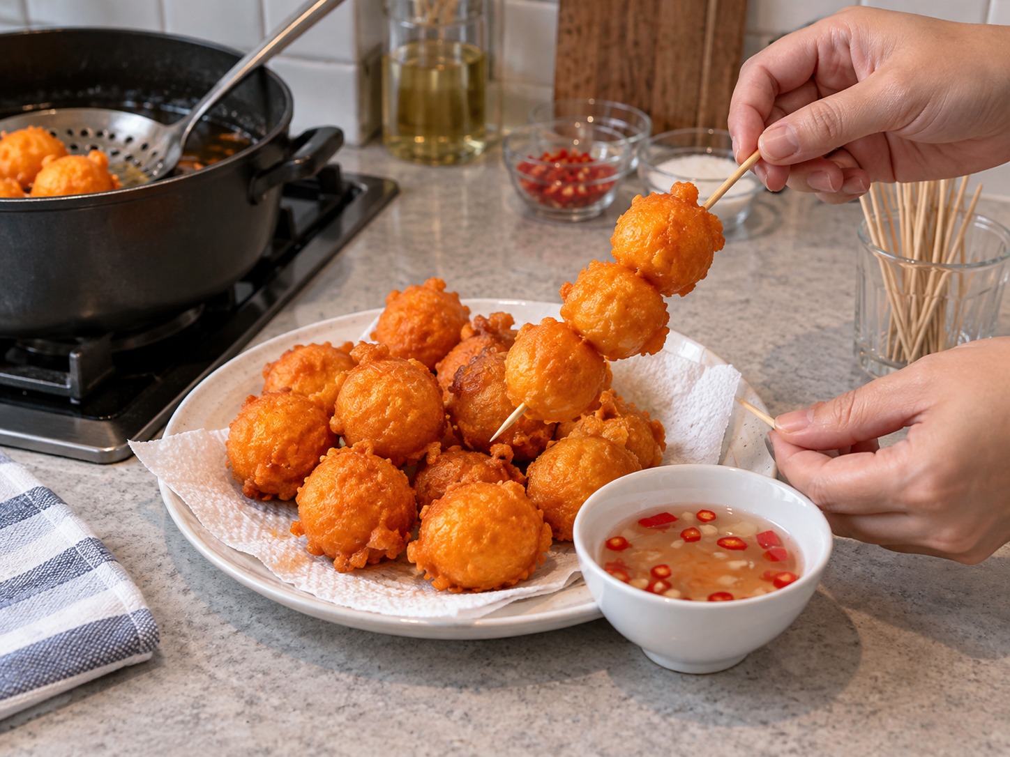 菲律賓橙色炸鵪鶉蛋 Kwek-Kwek — 串上竹籤,配醋汁享用