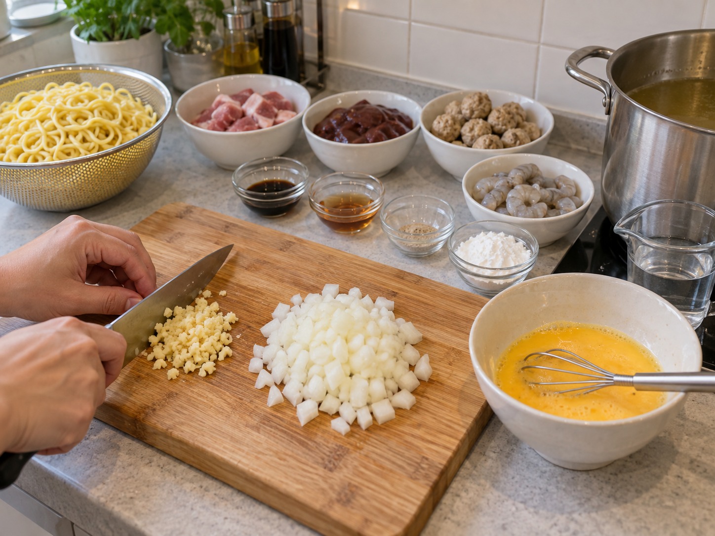 Sup Mi Lomi Filipina — Cincang bawang putih, potong bawang, dan kocok telur
