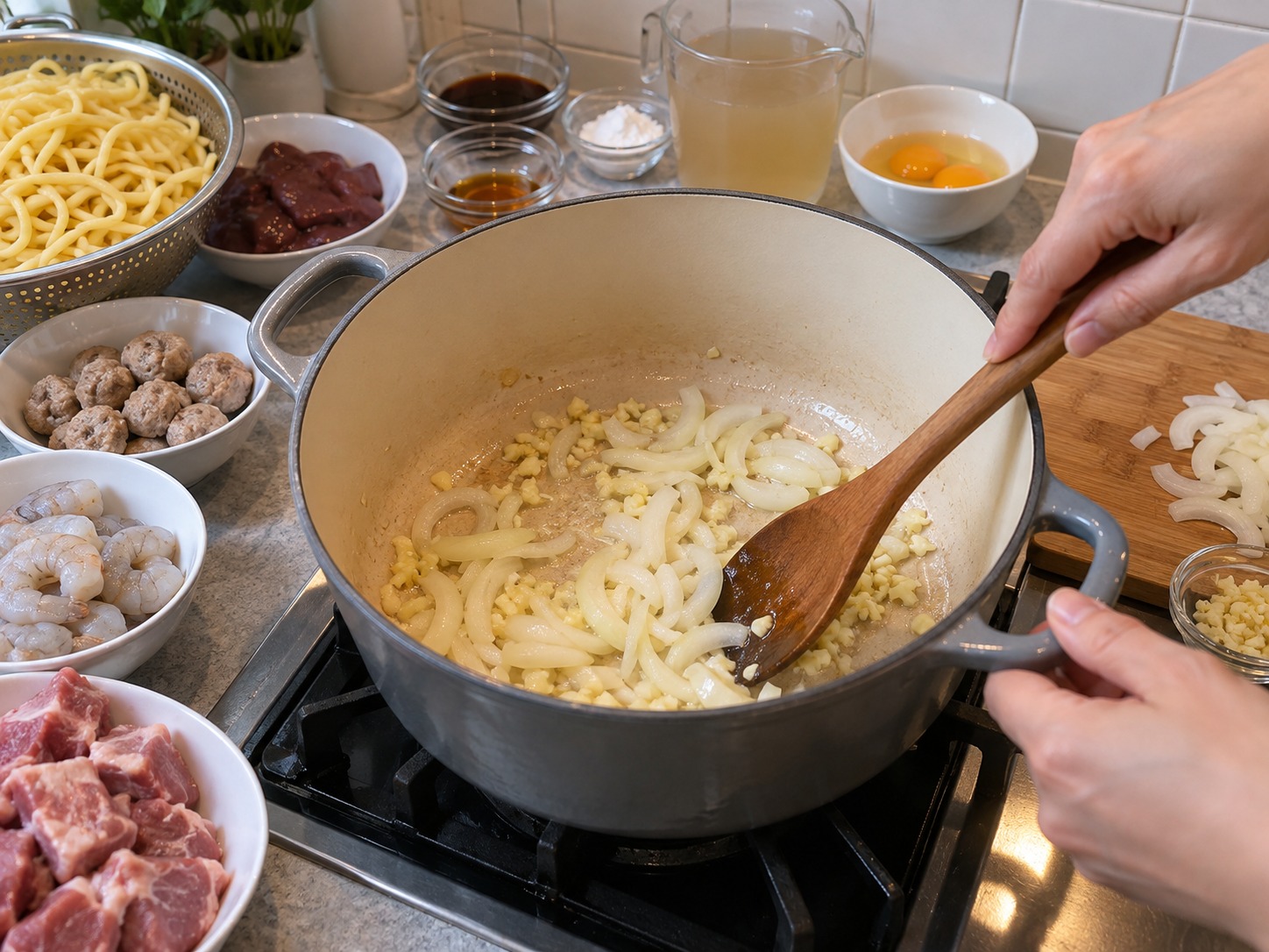 Sup Mi Lomi Filipina — Tumis bawang putih dan bawang bombai