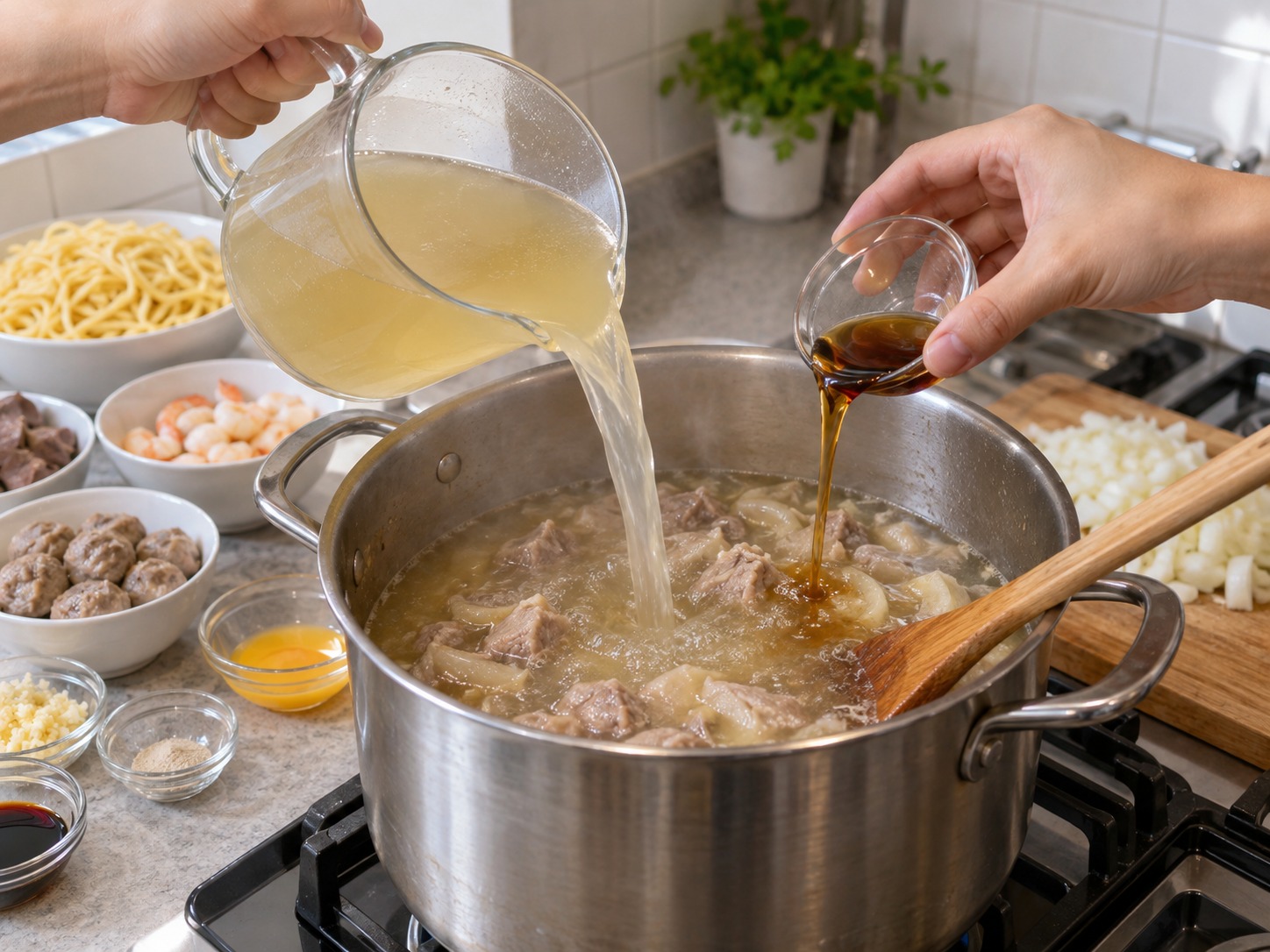 Sup Mi Lomi Filipina — Tuang kaldu babi dan kecap ikan lalu didihkan