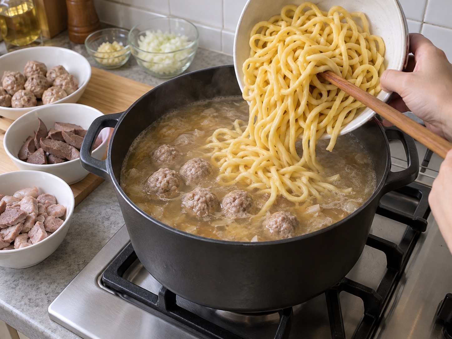 Sup Mi Lomi Filipina — Tambahkan bakso dan mi lalu masak enam menit