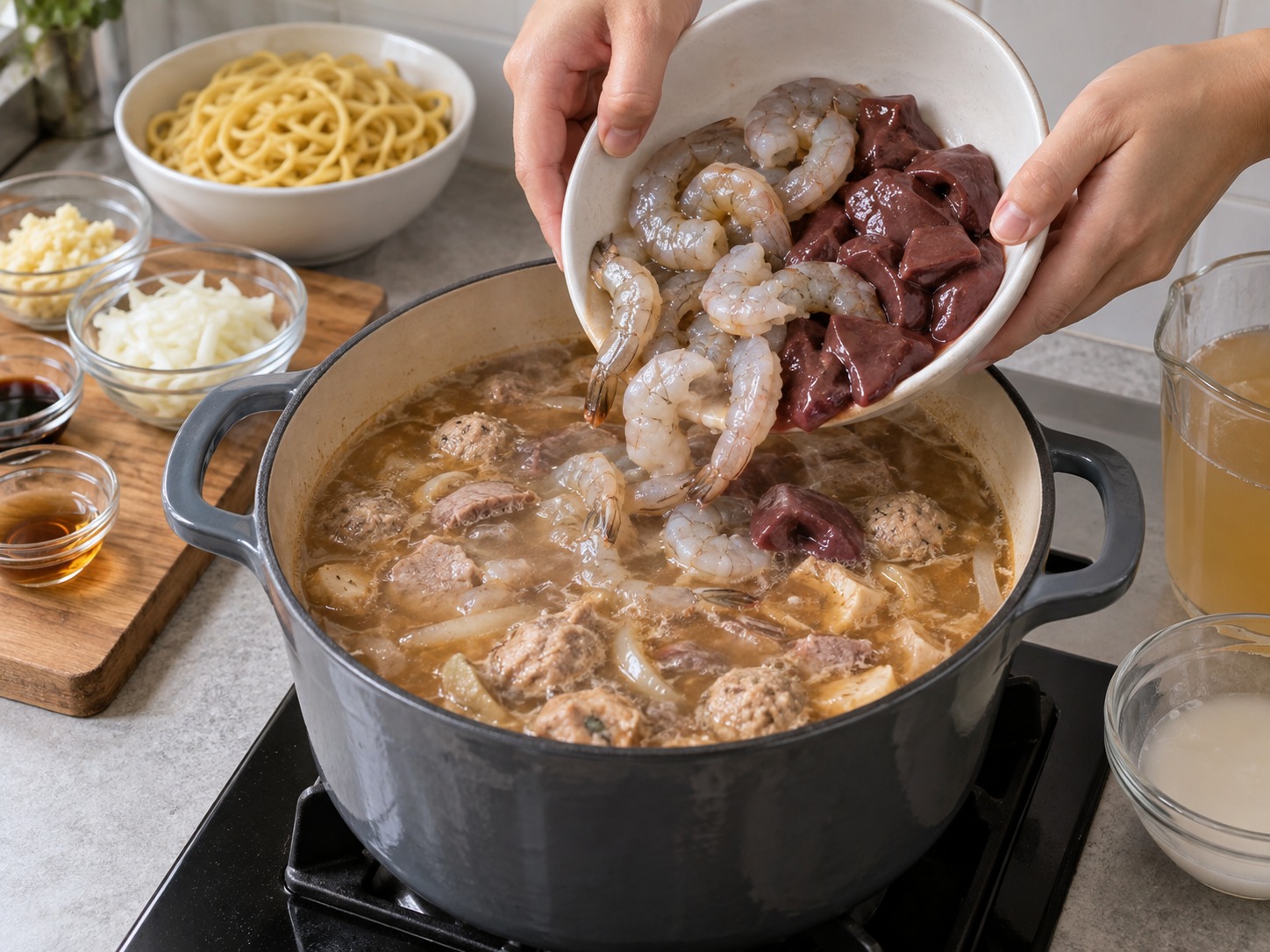 Sup Mi Lomi Filipina — Tambahkan udang dan hati lalu masak hingga matang