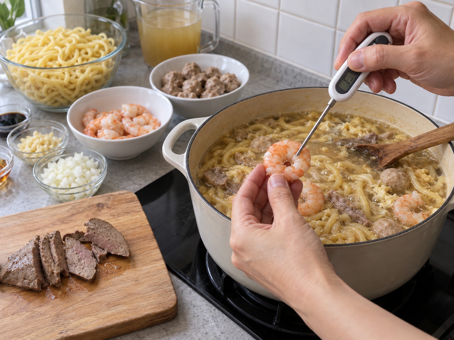 Sup Mi Lomi Filipina — Pastikan hati tidak mentah dan udang mencapai 63°C