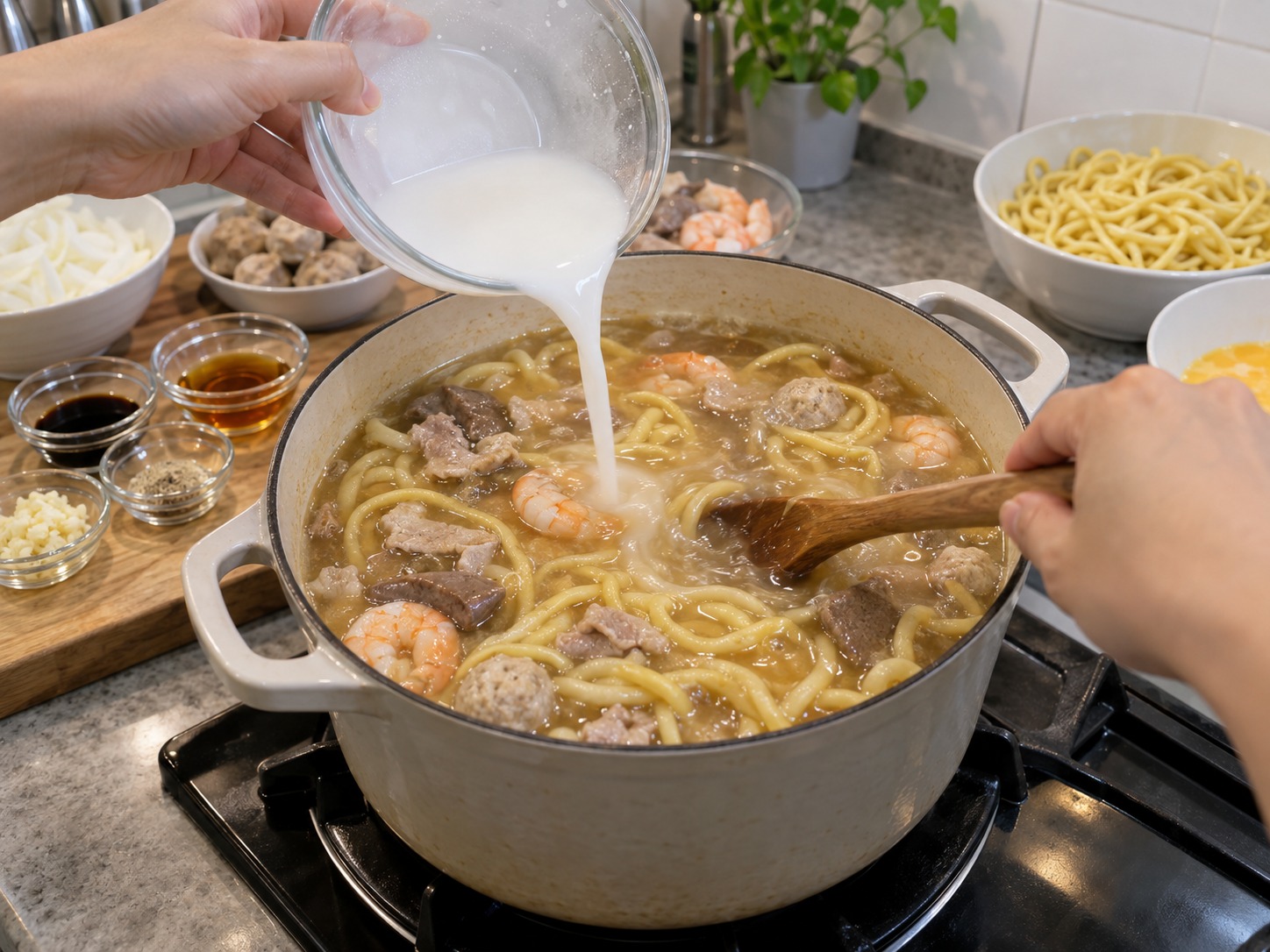 Sup Mi Lomi Filipina — Campur larutan maizena lalu tuang sambil diaduk