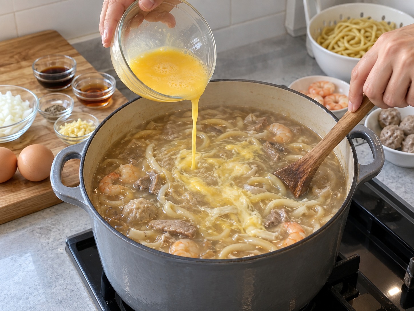 Sup Mi Lomi Filipina — Setelah kental, tuang telur perlahan
