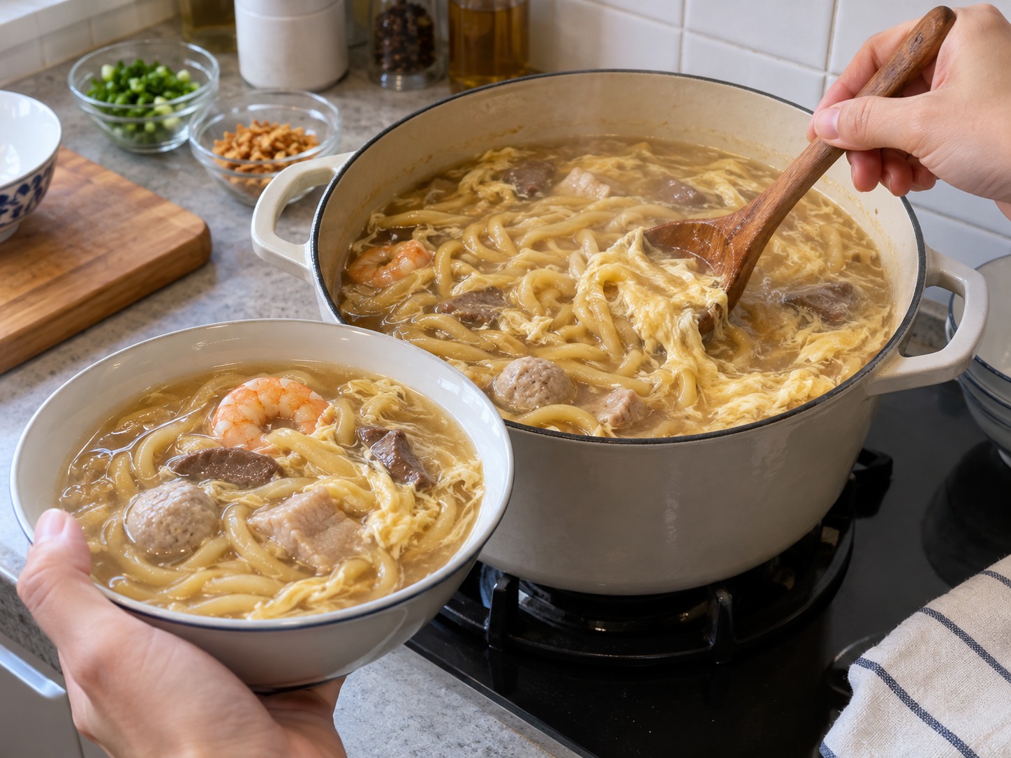 Sup Mi Lomi Filipina — Tunggu sepuluh detik, aduk lembut, lalu sajikan panas