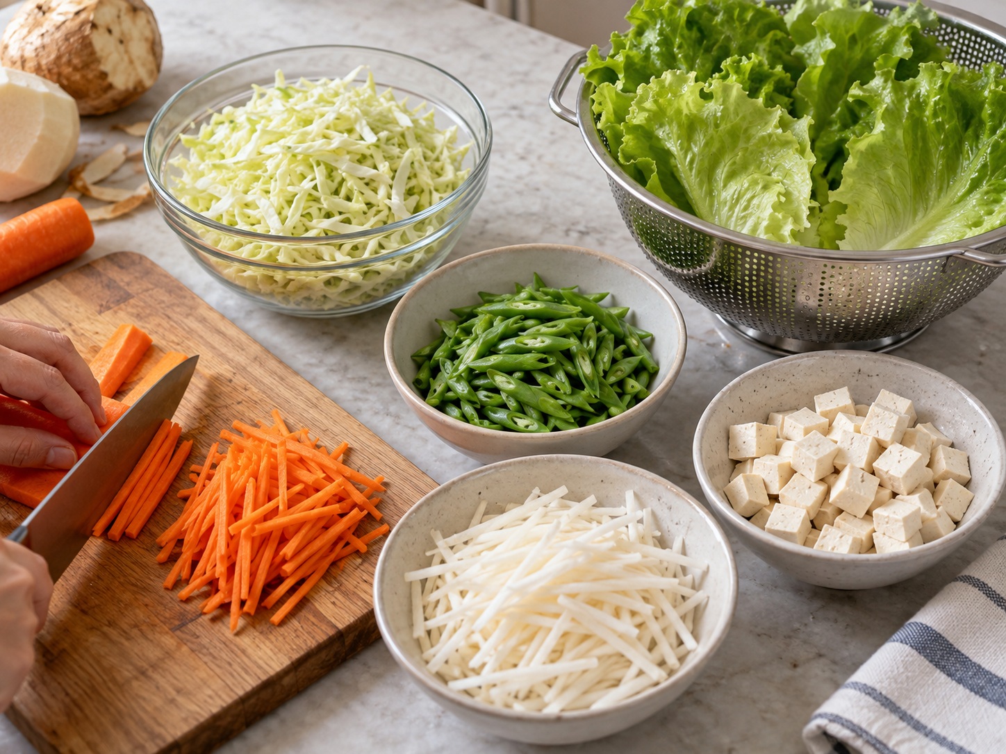 Filipino Lumpiang Sariwa Vegetable Rolls — Cut the vegetables and tofu