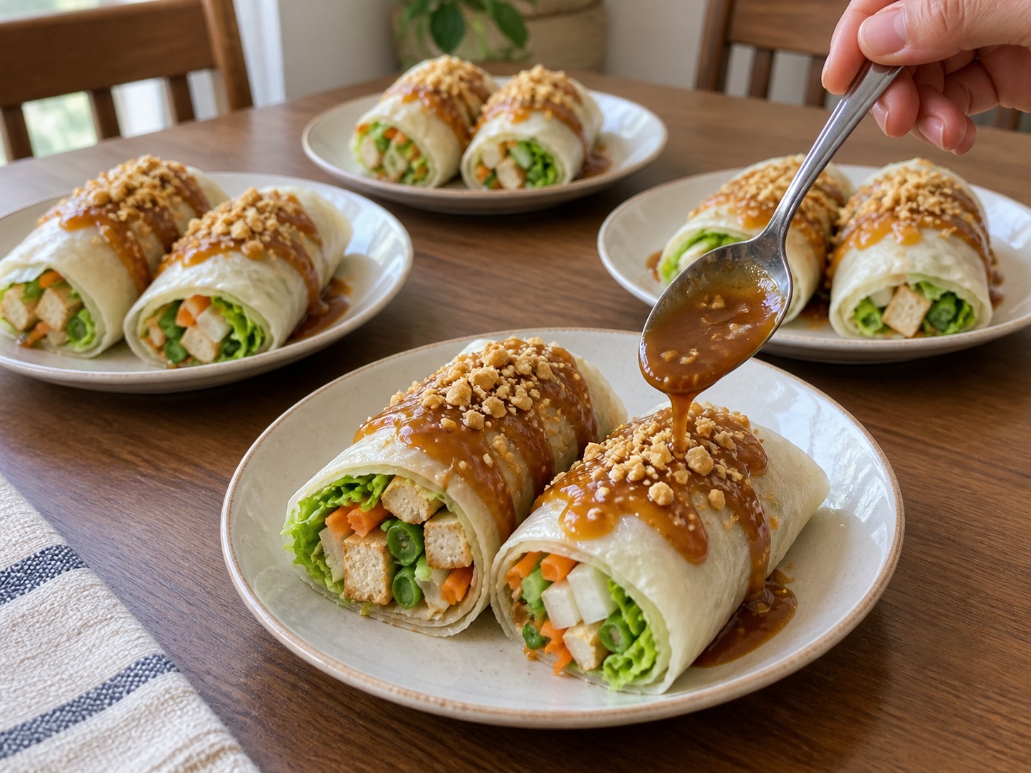 Filipino Lumpiang Sariwa Vegetable Rolls — Sauce and garnish