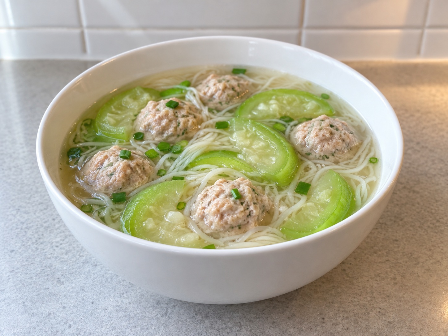 Filipino Miswa Patola Pork Meatball Soup — finished dish