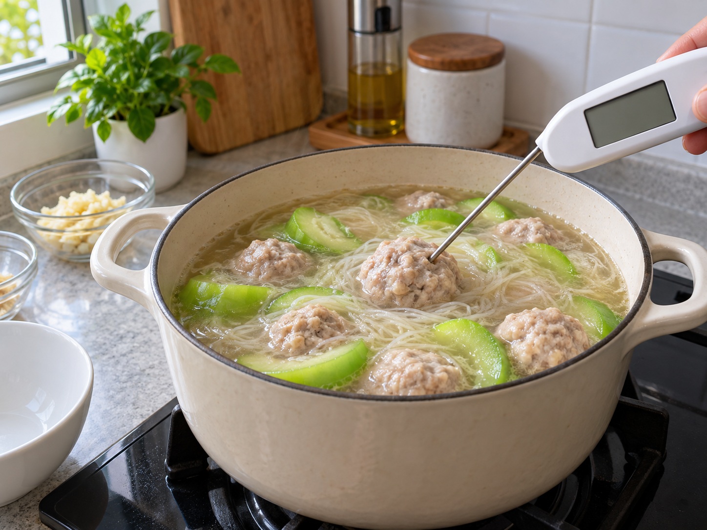 菲律賓絲瓜豬肉丸麵線湯 — 檢查熟度