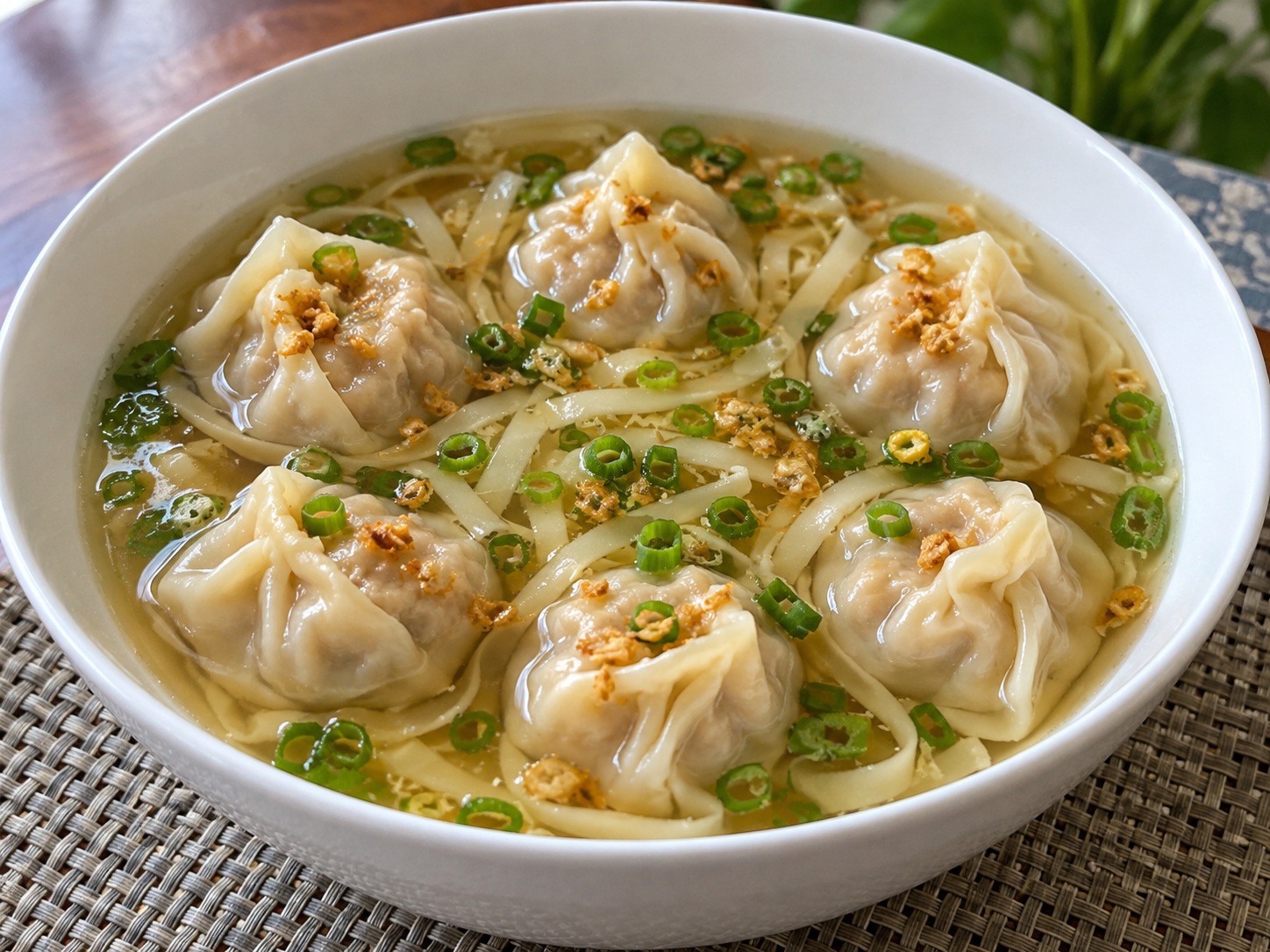 Filipino Pancit Molo Pork Wonton Soup — finished dish