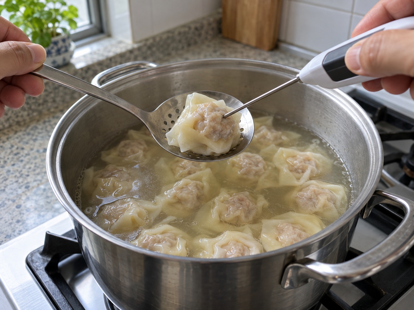 菲律賓雲吞湯 — 確認豬肉熟度