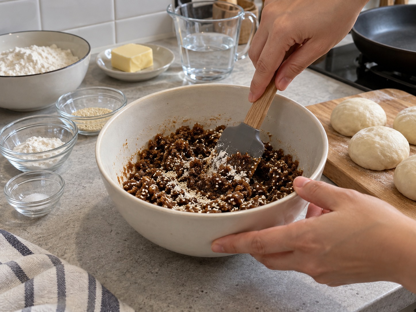 Piaya na Muscovado — Paghaluin ang muscovado, sesame at isang kutsarang harina