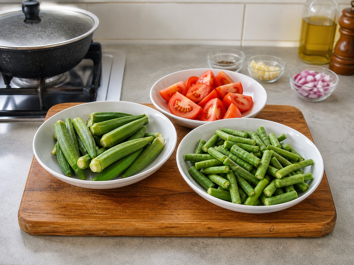 Pinakbet — hakbang 4: Hiwain ang sitaw, okra at kamatis