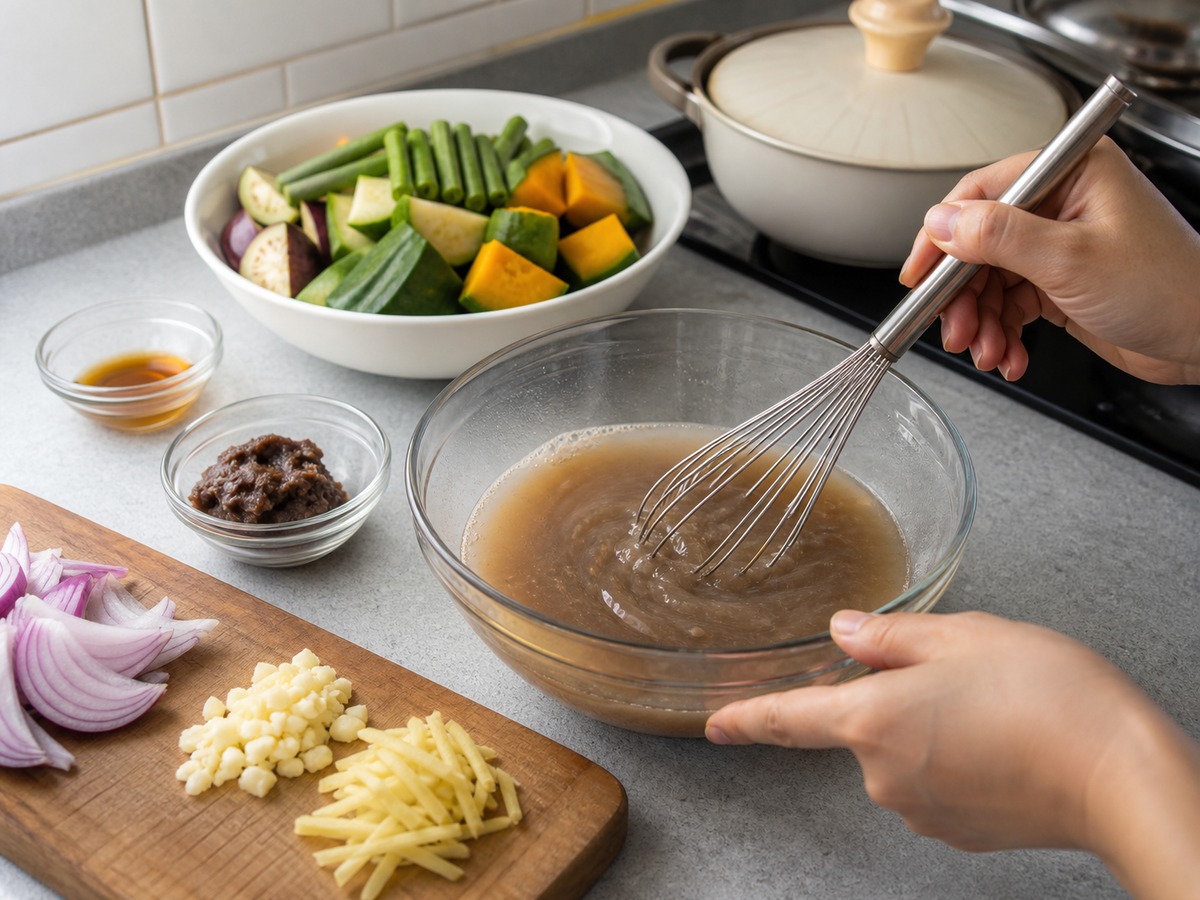 Pinakbet — hakbang 5: Timplahin ang sabaw ng bagoong at aromatics