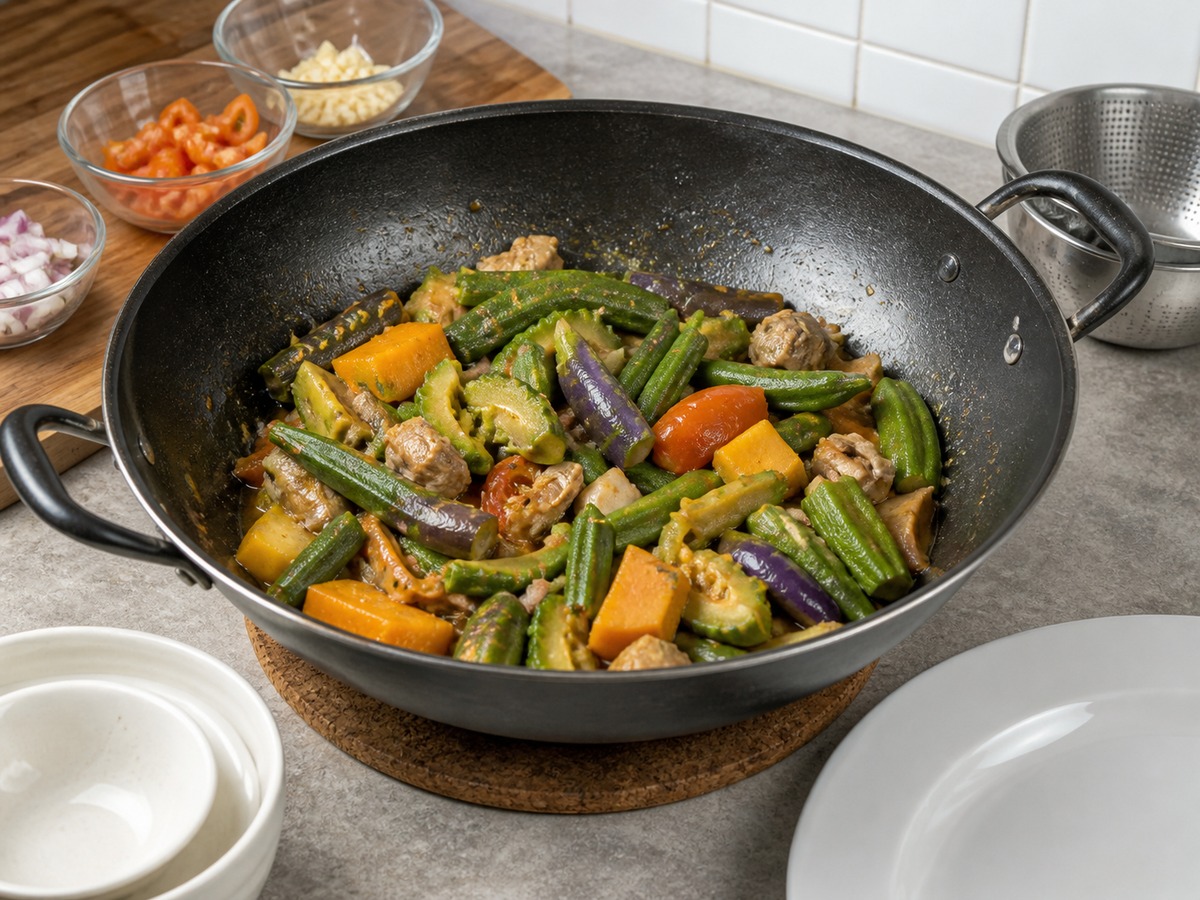 Pinakbet — hakbang 12: Timplahan, pahingahin at ihain