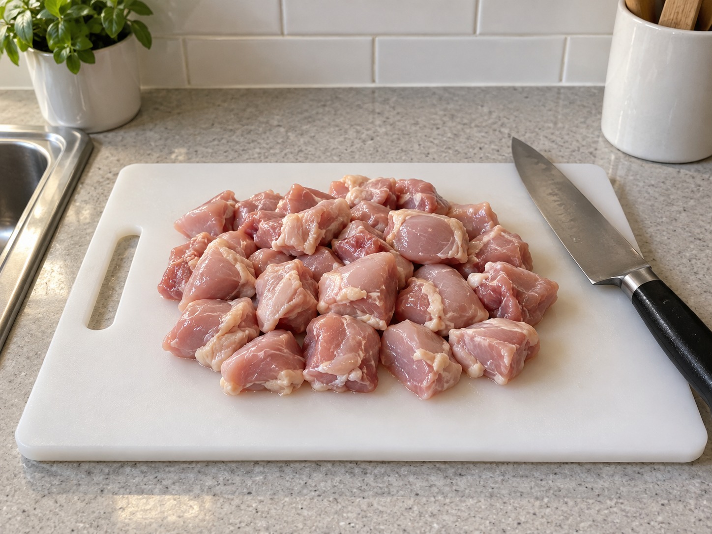 Pininyahang Manok — Hiwain nang hiwalay ang manok sa tatlong sentimetro; hugasan ang kamay at kagamitan