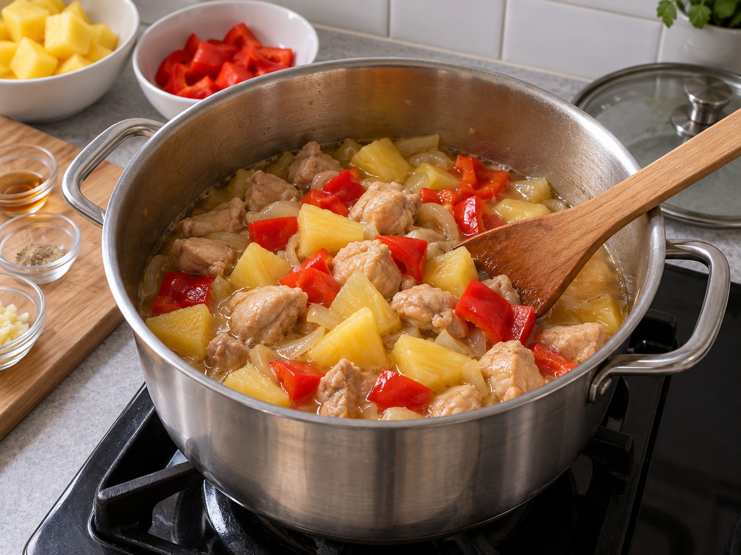 Pininyahang Manok — Idagdag ang pinya at bell pepper; lutuin nang tatlong minuto