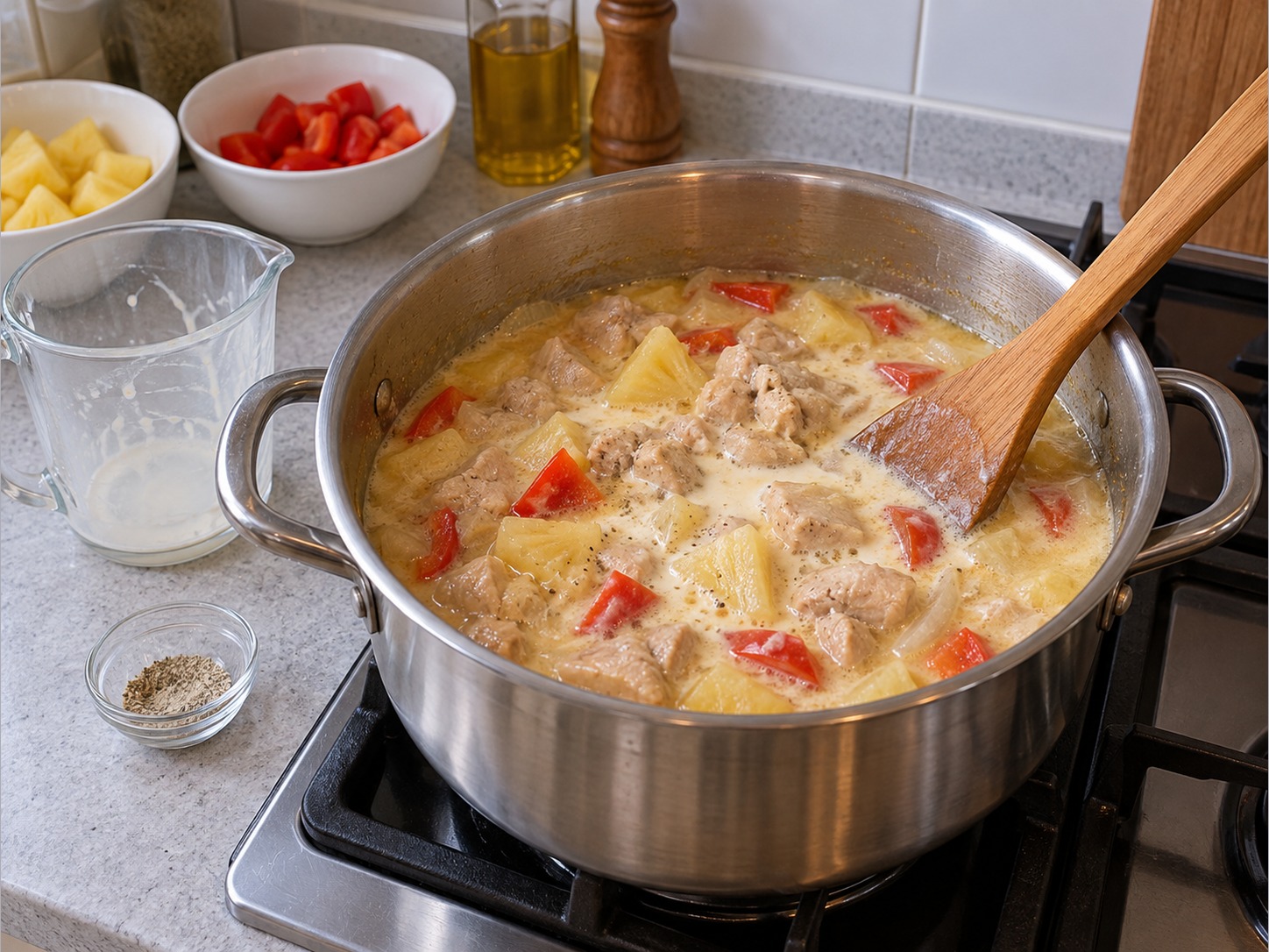 Filipino Pininyahang Manok — Lower heat and stir in milk and pepper