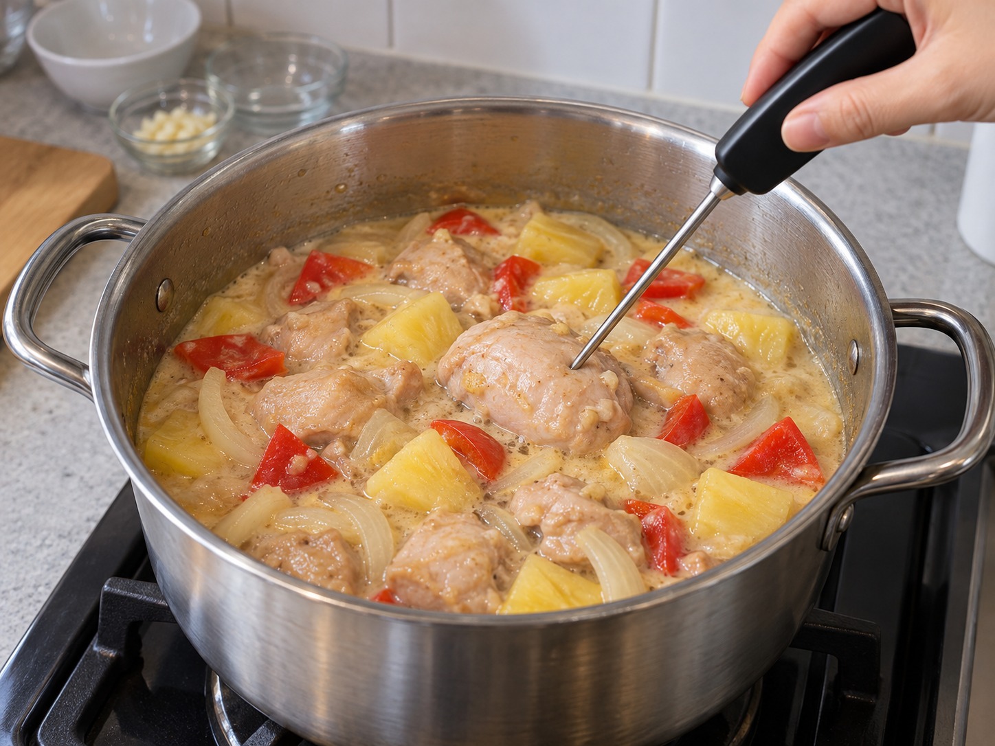 Filipino Pininyahang Manok — Simmer until thickest chicken is 75°C for 30 seconds; continue if needed