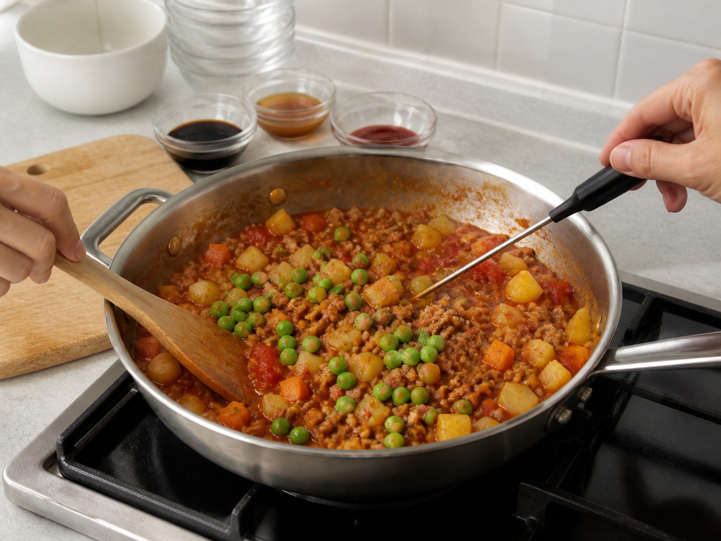 菲律賓薯仔甘筍番茄肉碎 — 加青豆及檢查熟度