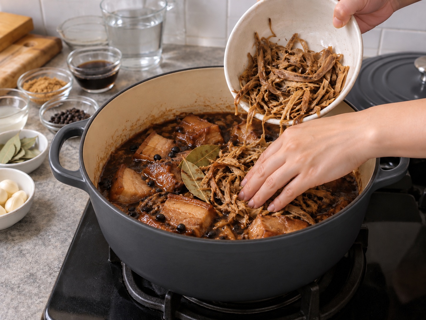 菲律賓甜酸豉油炆豬肉 — 加入蕉花