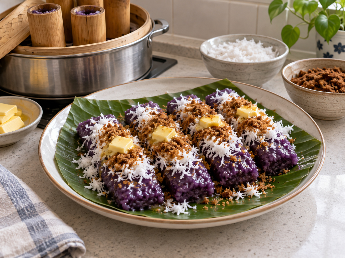 Filipino Puto Bumbong Purple Rice Cakes — finished dish