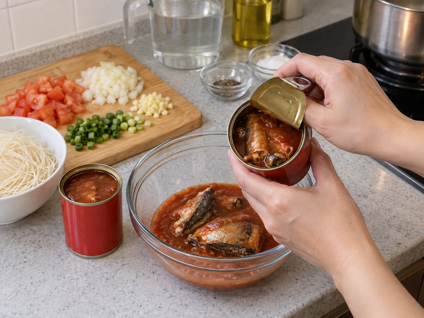 Sup Misua Sarden Saus Tomat Filipina — Buka kaleng sarden; simpan seluruh saus tomat dan potongan ikan