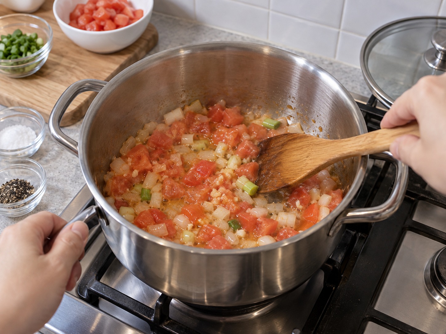 Sup Misua Sarden Saus Tomat Filipina — Masukkan tomat dan masak tiga menit hingga berair