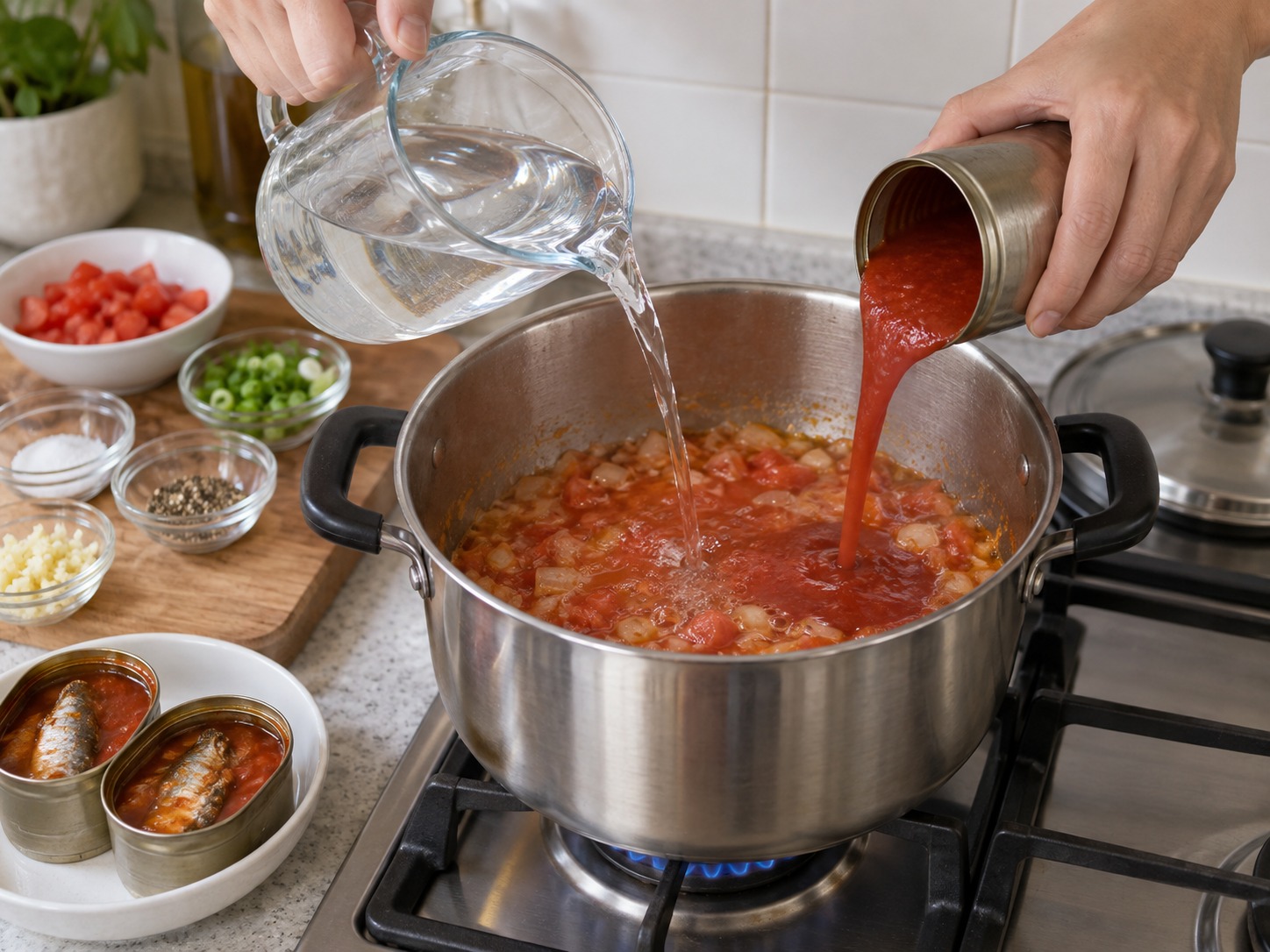 Sup Misua Sarden Saus Tomat Filipina — Tuang air dan saus tomat dari kaleng; aduk lalu didihkan