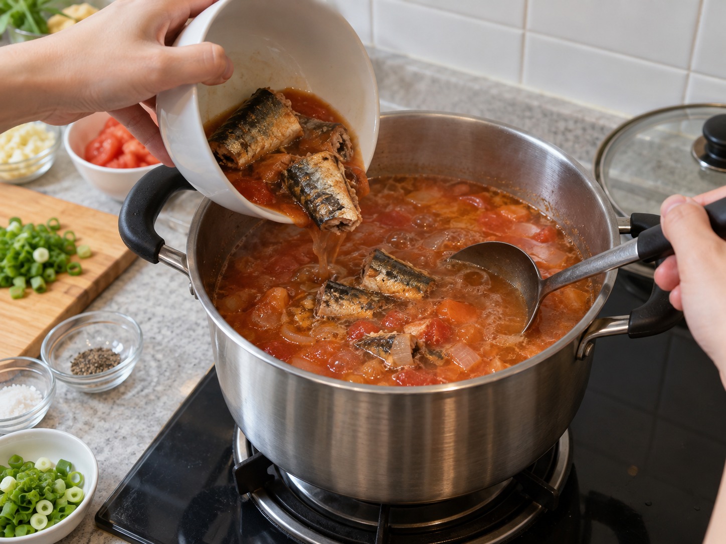 Sup Misua Sarden Saus Tomat Filipina — Kecilkan api, masukkan sarden, lalu masak tiga menit