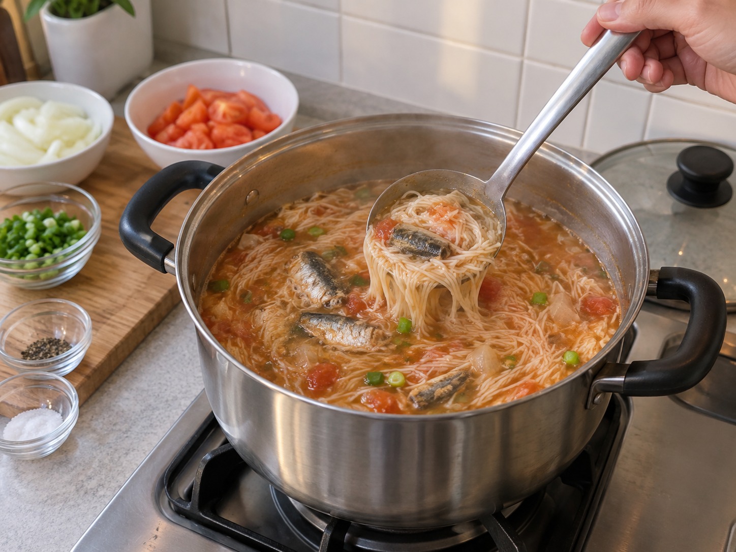 Sup Misua Sarden Saus Tomat Filipina — Masak sesuai petunjuk kemasan hingga matang; jangan hancurkan ikan