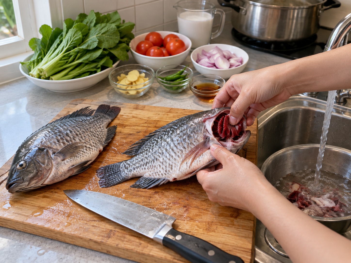 菲律賓椰汁香葉釀羅非魚 — 羅非魚刮鱗去鰓內臟，沖淨腹腔