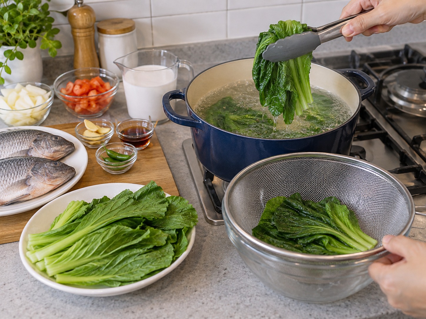菲律賓椰汁香葉釀羅非魚 — 芥菜大葉汆水三十秒，過冷水並抹乾