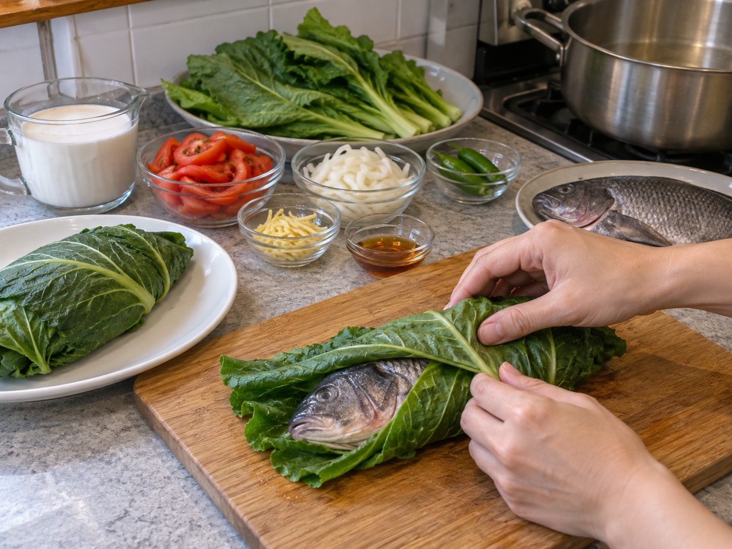 菲律賓椰汁香葉釀羅非魚 — 每條魚以數片菜葉完全包好，接縫向下