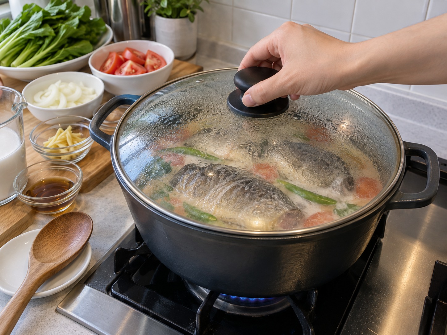 菲律賓椰汁香葉釀羅非魚 — 加蓋小火微滾十五分鐘，避免椰汁大滾