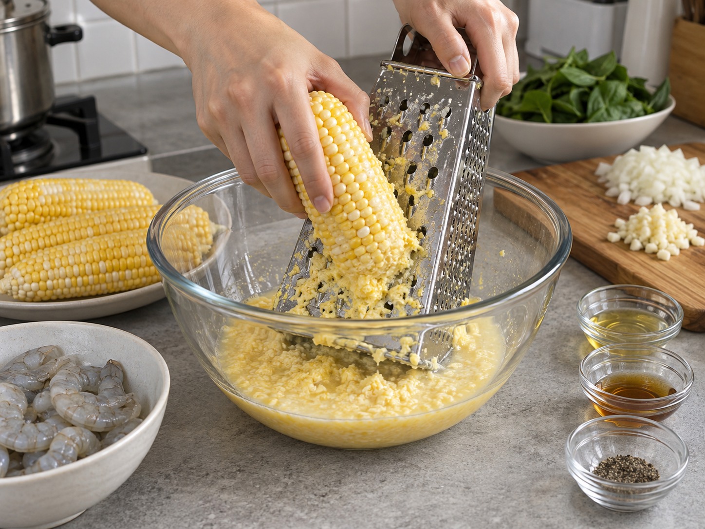 Sup Jagung dan Udang Filipina — Parut tiap jagung di atas mangkuk, simpan bubur kasar dan sarinya