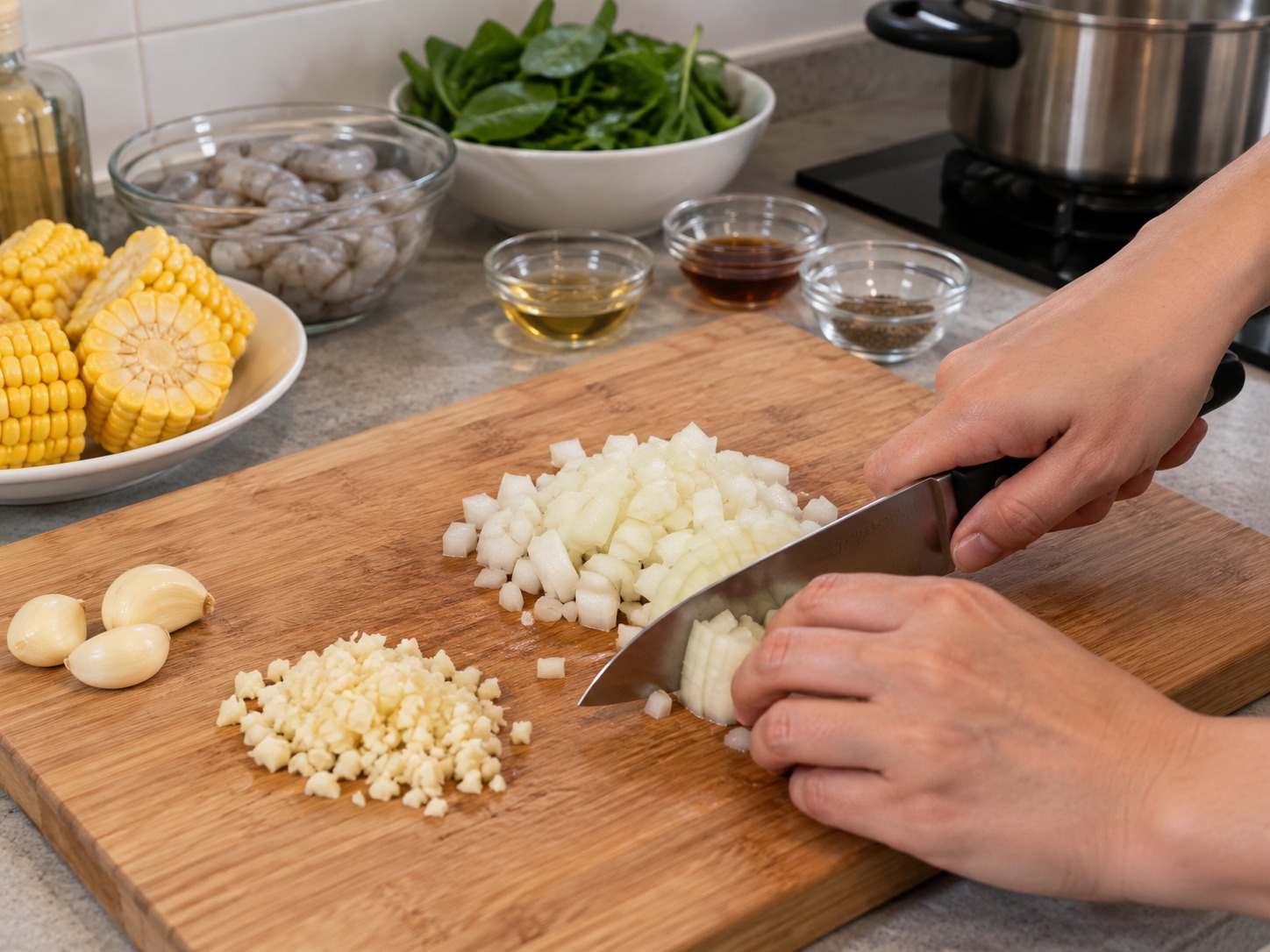 Sup Jagung dan Udang Filipina — Potong dadu bawang bombai dan cincang bawang putih