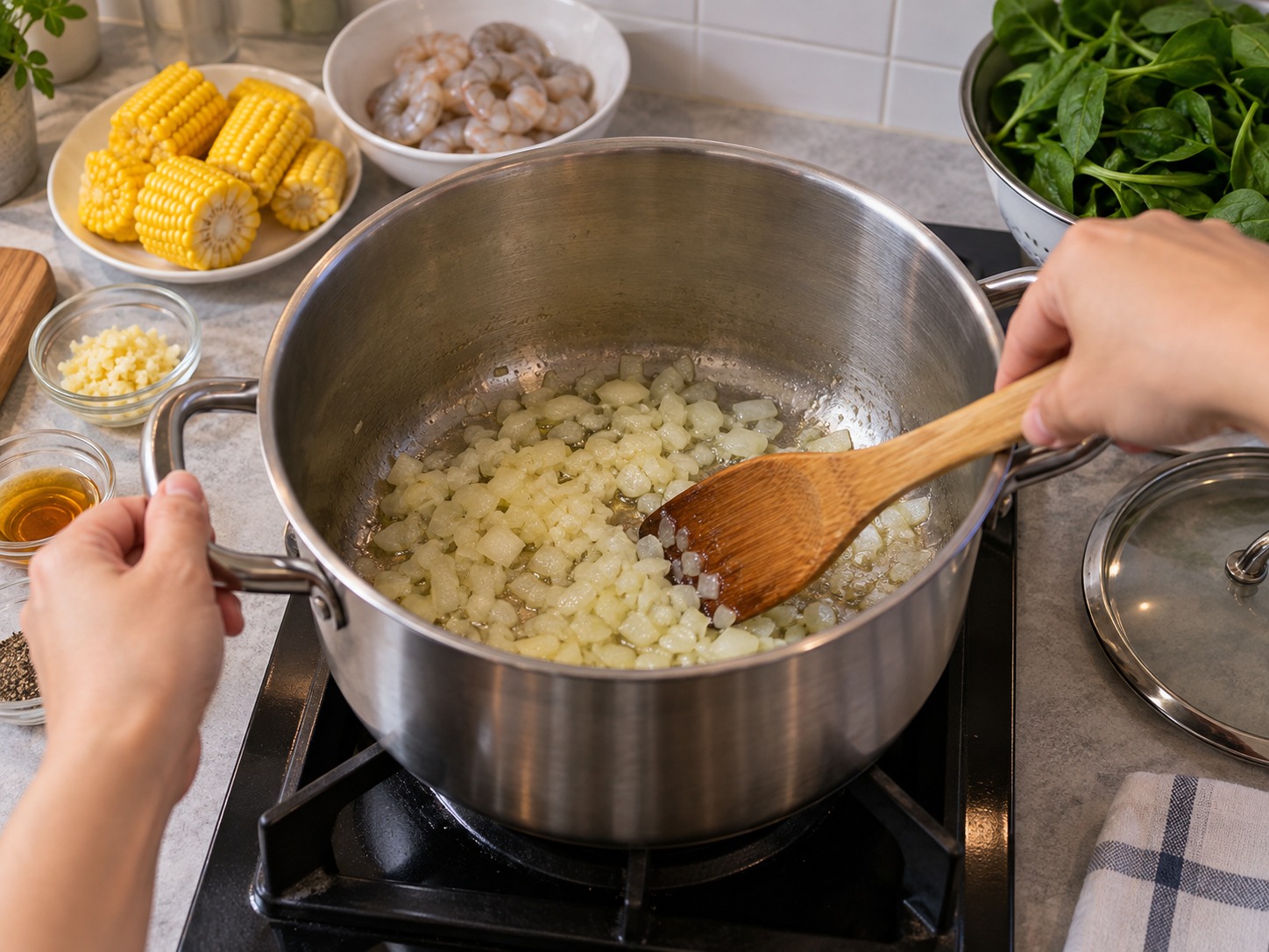 Sup Jagung dan Udang Filipina — Panaskan minyak dan tumis bawang tiga menit hingga lunak